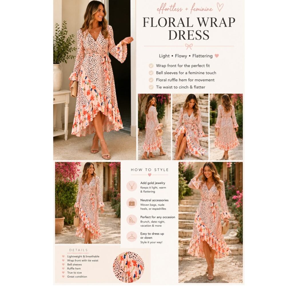 Dark Pink ASOS Wrap Midi Dress Mix Print Pink Floral Animal Print Size 8